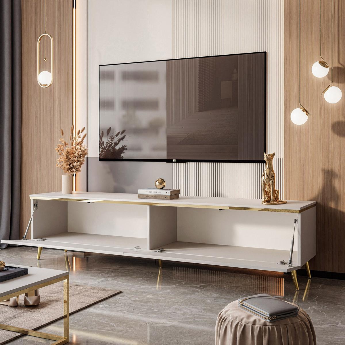 TV-LOWBOARD AURORA Kaschmir mit schräge Goldchrom Fuße - Kaschmir/Goldfarben, Holzwerkstoff/Metall (180/45/40cm) - Lookway