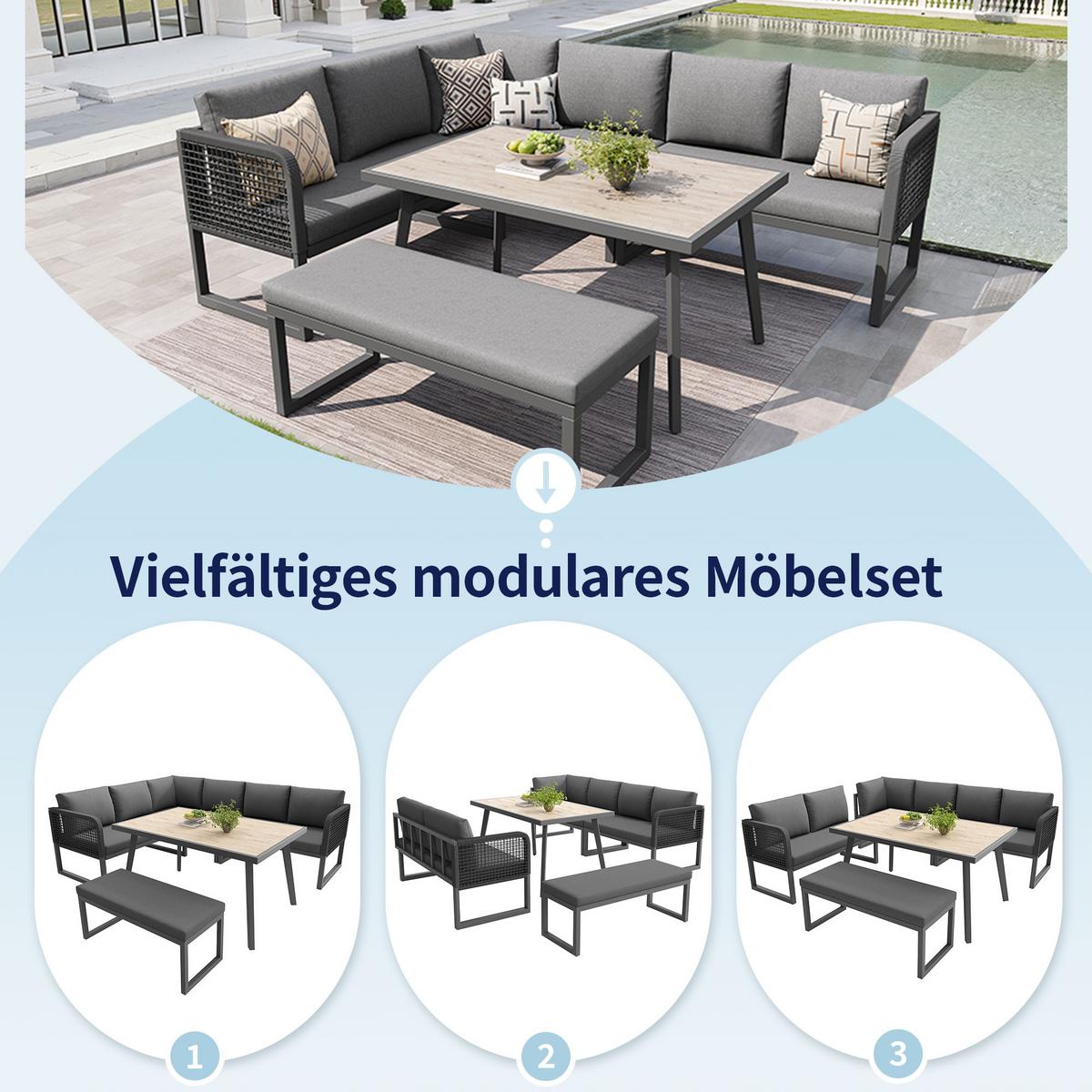 LOUNGEGARNITUR 6-tlg. PE-Rattan Grau Ecksofa mit Tisch & Bank für Terrasse - Grau, Textil - Urban Meuble