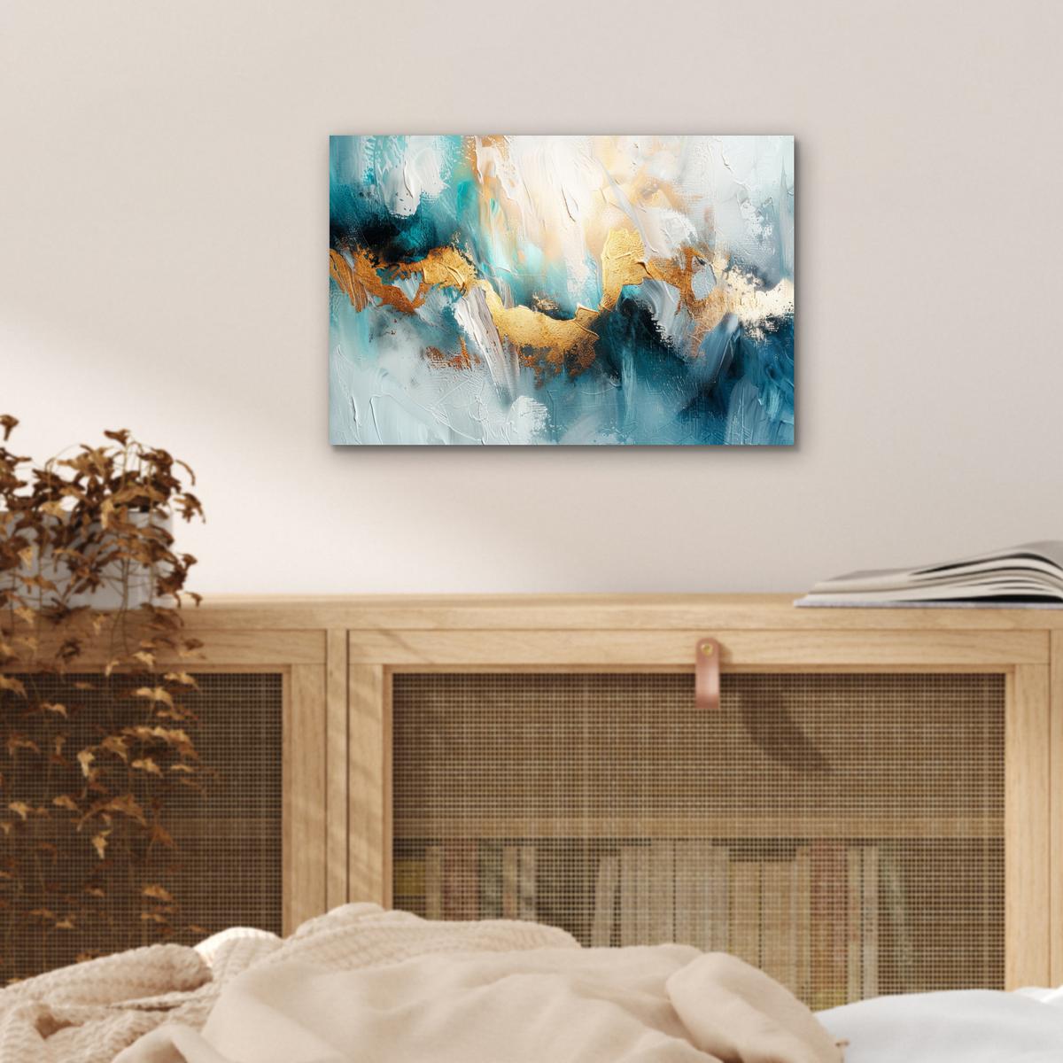 METALLBILD Abstrakt - Kunst - Gold - Blau 30x20 cm - Petrol, Metall (30/20cm) - MuchoWow