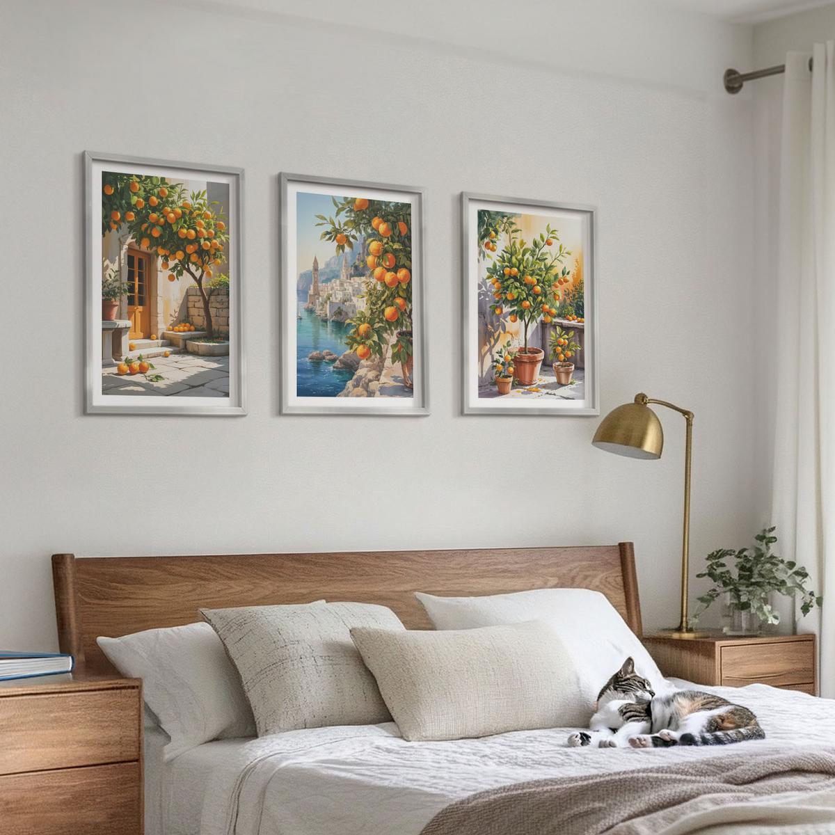 BILDER SET 3er Set - 40x60 cm Silberner Rahmen - Gemalte Zitruslandschaften - Silberfarben, Kunststoff (40/60cm) - TULUP