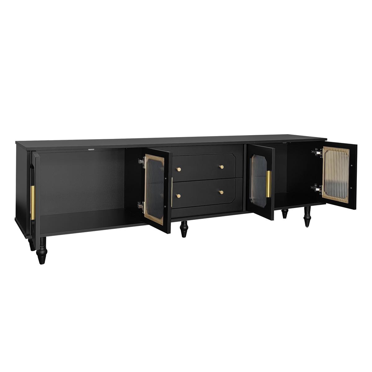 TV-LOWBOARD Schwarz & Gold 175 cm mit geriffeltem Glas & Retro-Design - Schwarz, Holzwerkstoff (175/55.5/38cm) - Urban Meuble
