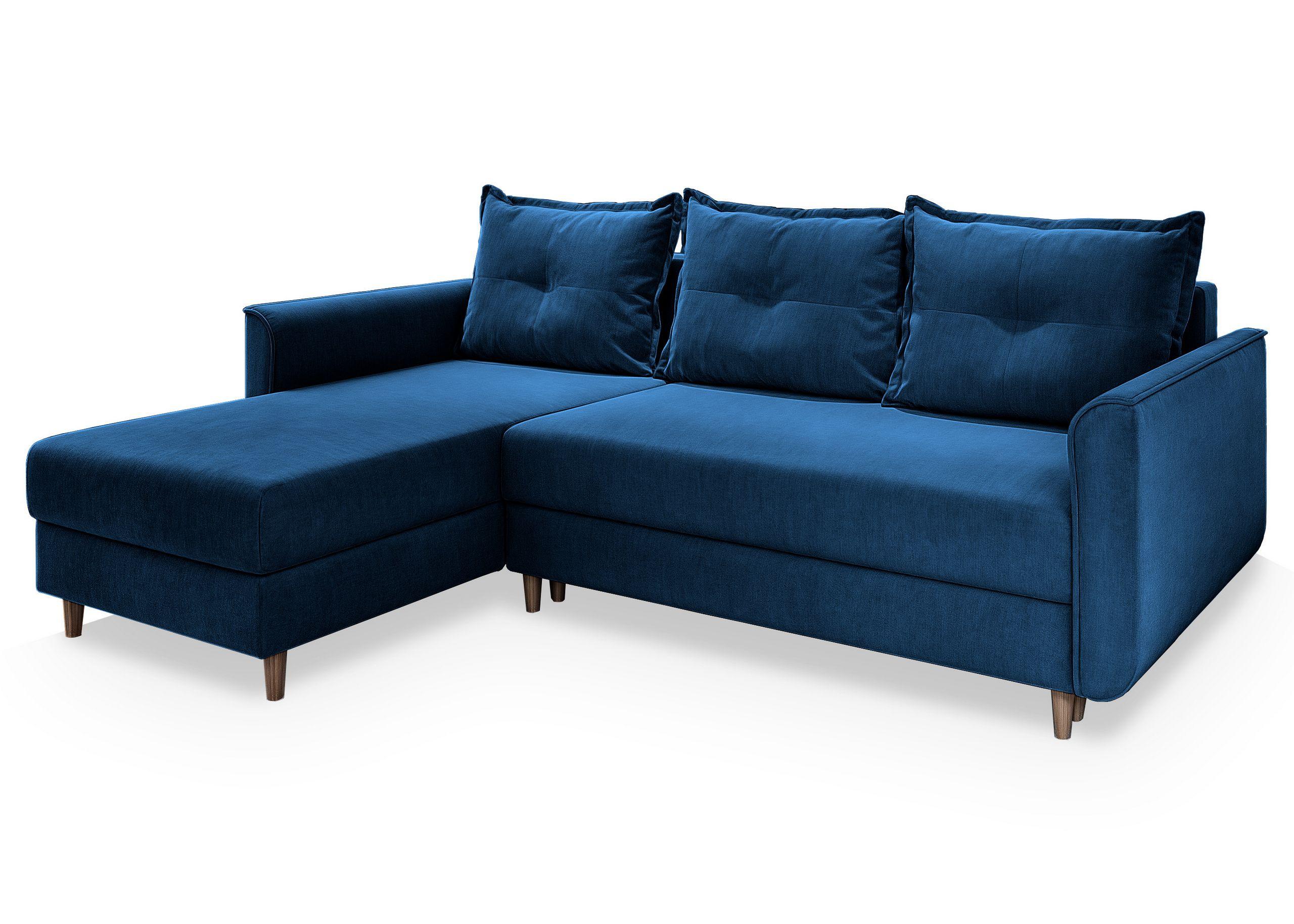 ECKSOFA PISAN R-S Blau Plüsch-Stoff mit Schlaffunktion - Blau/Braun, Holz/Textil (220/140cm) - MASSENO