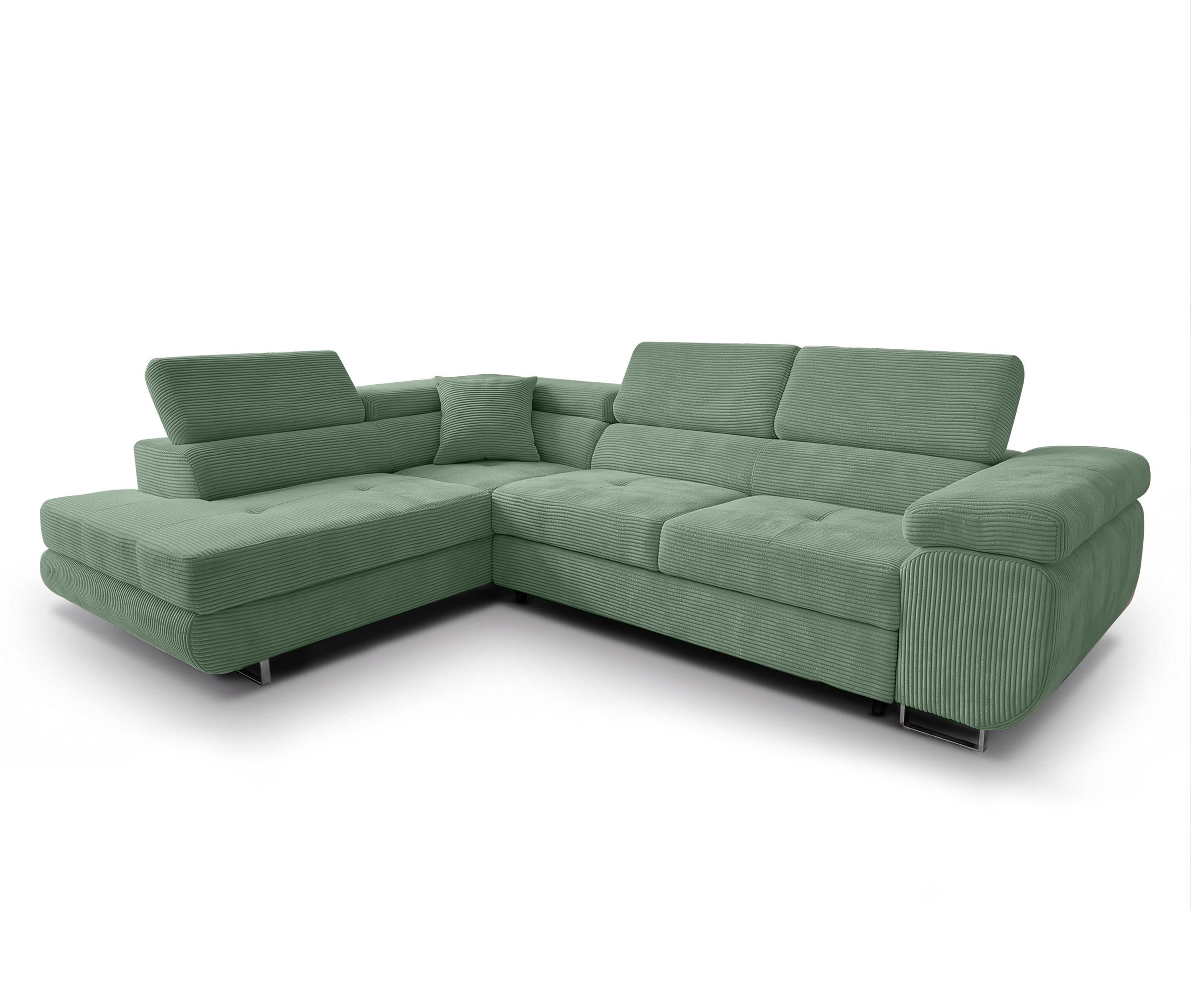 ECKSOFA L Form Konak Salbeigrün 276/201/90 cm Links mit Schlaffunktion - Salbeigrün/Silberfarben, Textil/Metall (203/276cm) - AX Living