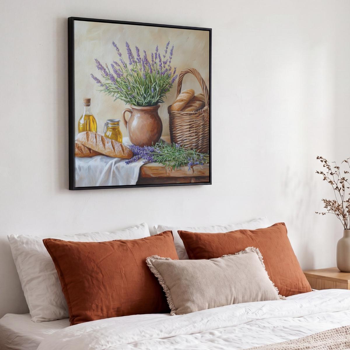 LEINWAND Bilder mit Rahmen - Lavendel - Brot - Stilleben - 50x50 - Flieder, Textil (50/50cm) - MuchoWow