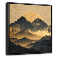 LEINWAND Bilder mit Rahmen - Goldene Berge bei Mondschein - 20x20 - Goldfarben, Textil (20/20cm) - MuchoWow
