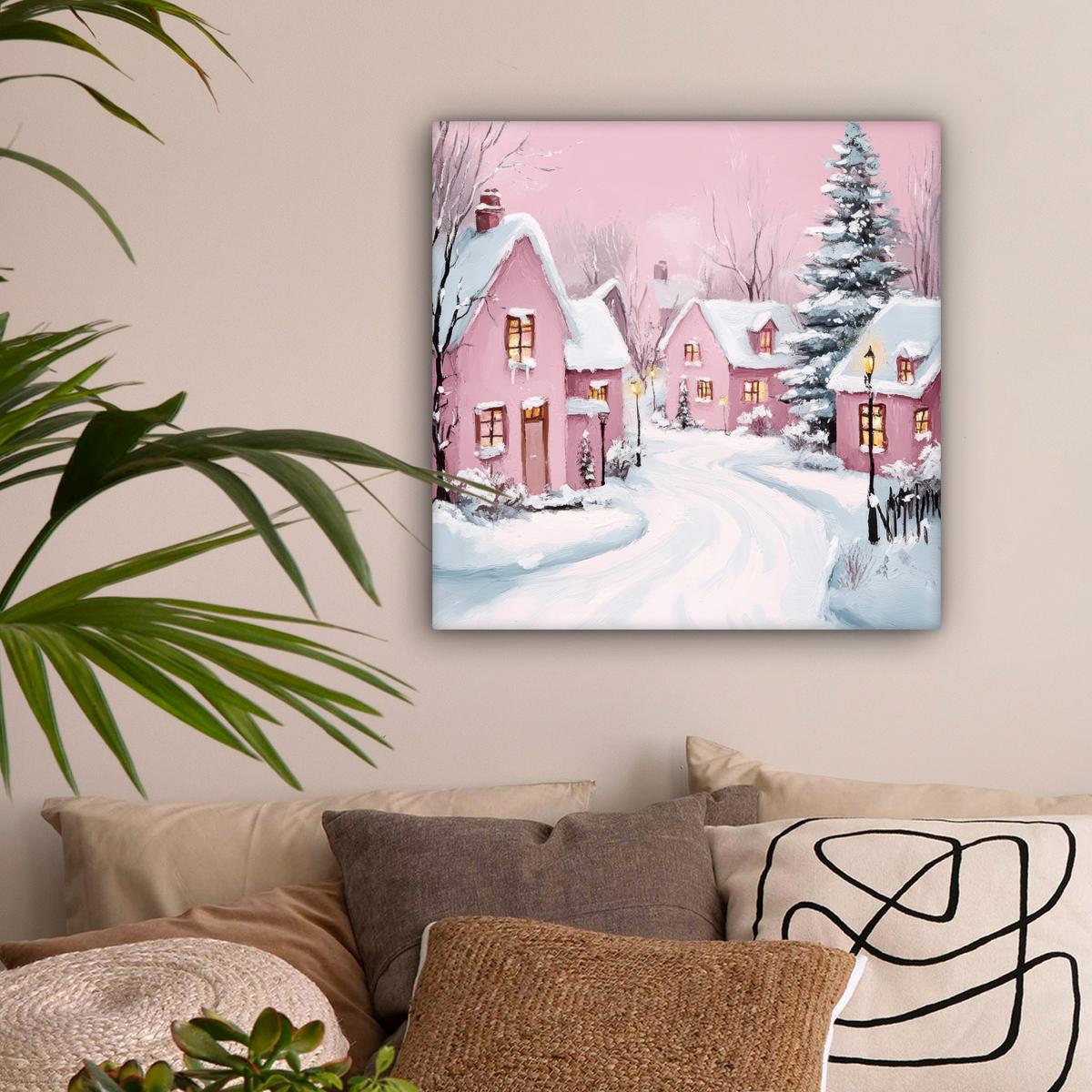 LEINWANDBILD Weihnachtsdorf - Rosa - Winter - Schnee - Häuser Wandbild Wohnzimmer 50x50 cm - Altrosa, Textil (50/50cm) - MuchoWow