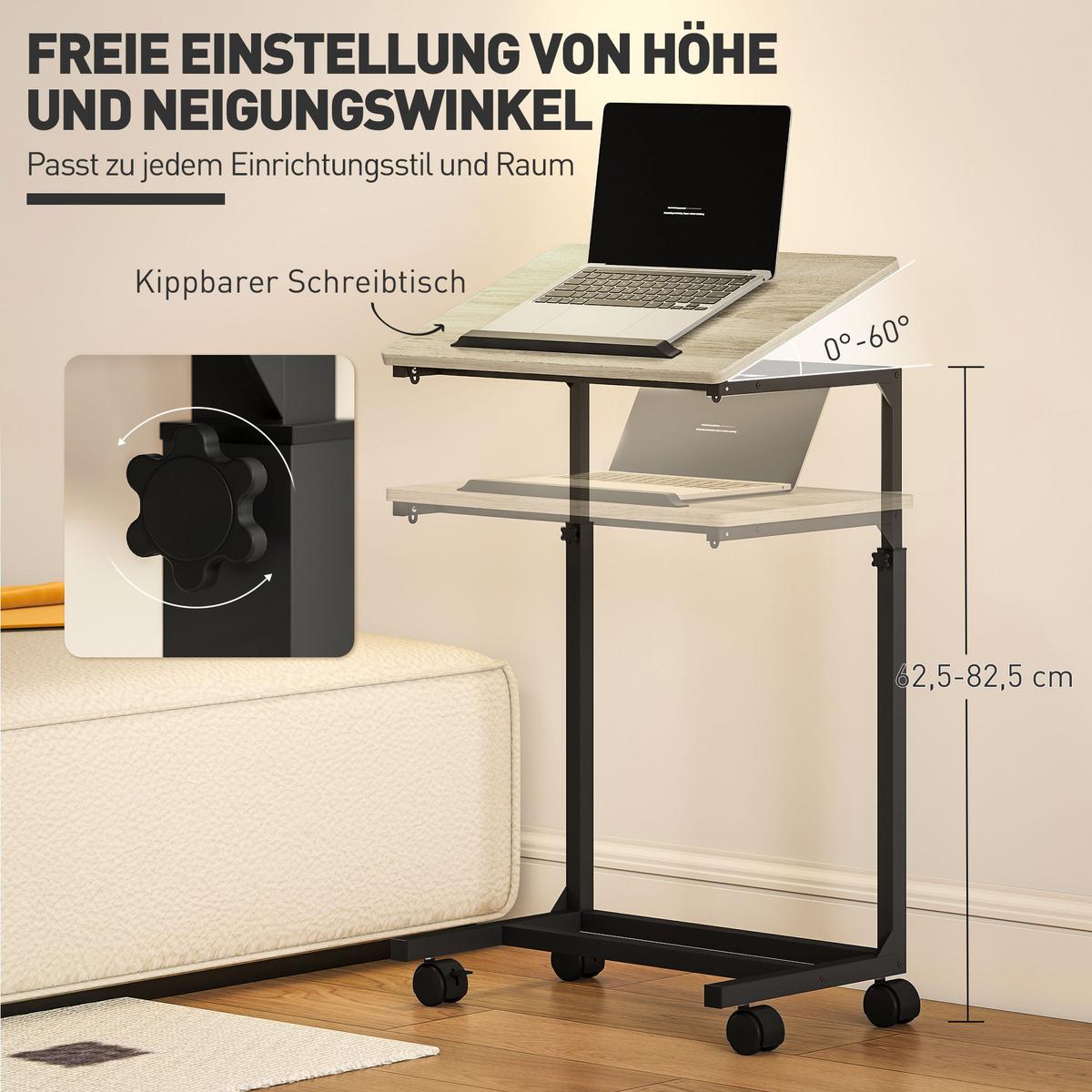 BEISTELLTISCH in C-Form, Höhenverstellbarer Couchtisch mit Rollen Weiß - Eichefarben, Metall (55/36/82.5cm) - HOMCOM