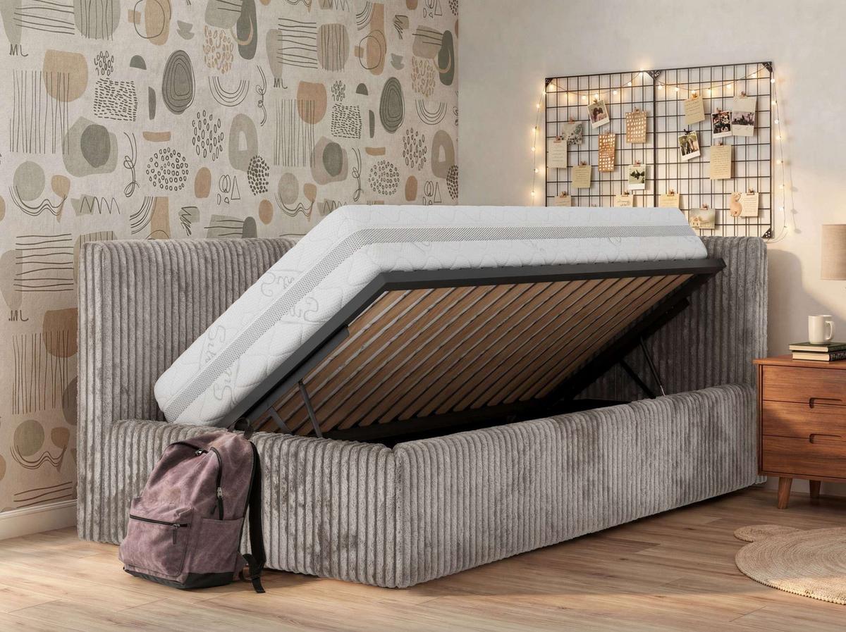 POLSTERBETT TILVO 90/200 - Hellbraun Cord - Multitaschenfederkernmatratze - Rechts - Hellbraun, Textil (200/90cm) - MKS