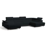 WOHNLANDSCHAFT RUBANO R-S Schwarz Boucle-Stoff mit Schlaffunktion - Schwarz, Holz (339/89/190cm) - MASSENO