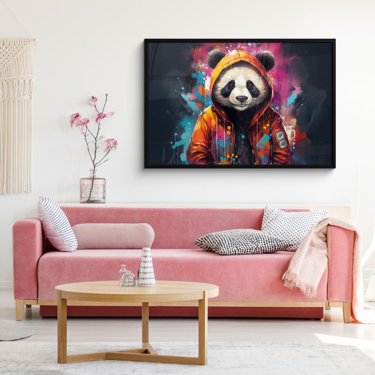POSTER MIT RAHMENGERAHMTES BILD Panda - Jacke - Graffiti - Orange 120x80 cm - Orange, Papier (120/80cm) - MuchoWow