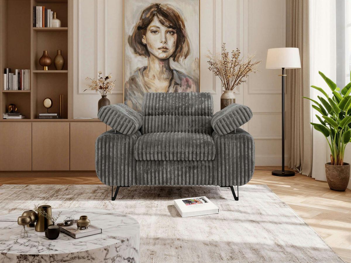 SESSEL PETER 1 - Grau Cord - Schwarz/Grau, Textil/Metall (126/76/99cm) - MKS