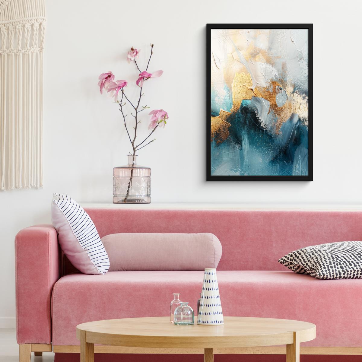 POSTER MIT RAHMEN Abstrakt - Kunst - Gold - Blau Bilder mit Rahmen 40x60 cm - Petrol, Papier (40/60cm) - MuchoWow