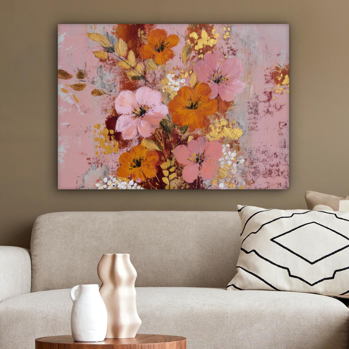 LEINWANDBILD Malerei - Blumen - Rustikal - Rosa Wandbilder 80x60 cm - Altrosa, Textil (80/60cm) - MuchoWow