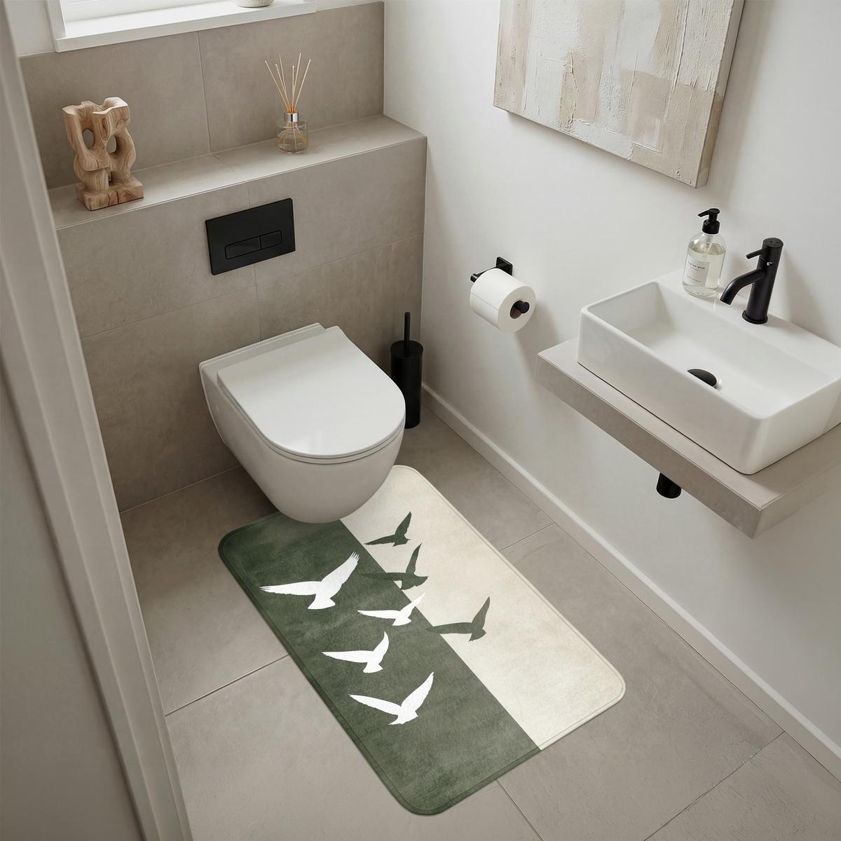 BADEMATTE Japandi - Vogel - Grün 60x90 cm - Olivgrün, Textil (60/90cm) - OnlyWow