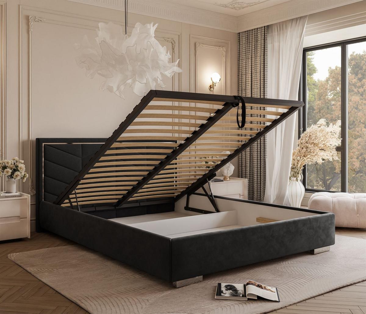 POLSTERBETT AURORA 180x200 mit Bettkasten Jasmine 100 - Schwarz, Textil (180/200cm) - Lookway