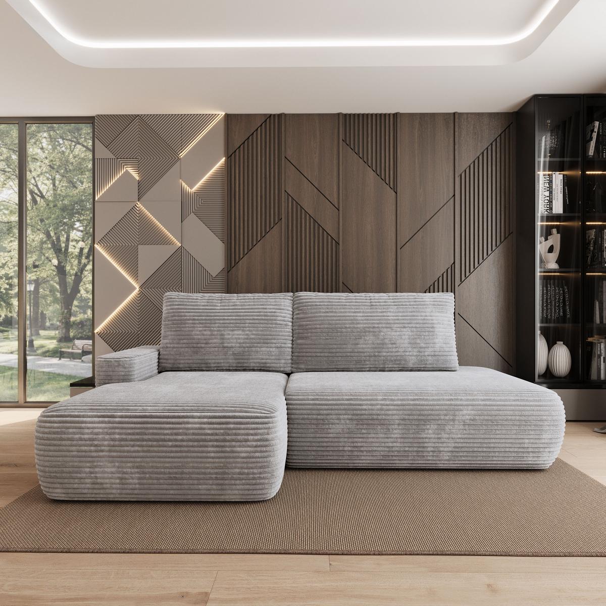 ECKSOFA AVINI T L-S Hellgrau Kordstoff mit Schlaffunktion - Hellgrau, Holzwerkstoff/Textil (277/160cm) - MASSENO