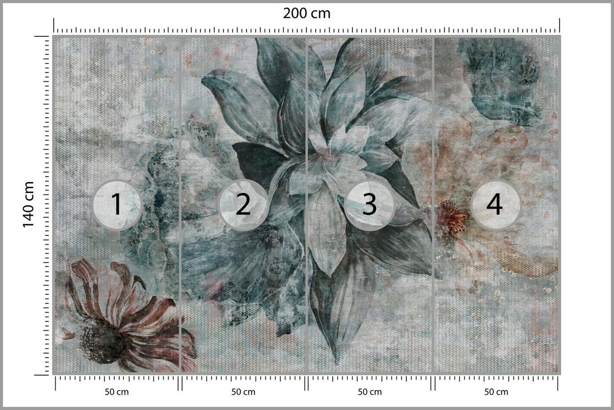 FOTOTAPETE für Schlafzimmer Aquarellblumen Beton Natur Pflanzen 200x140 - Grau, Papier (200/140cm) - Muralo