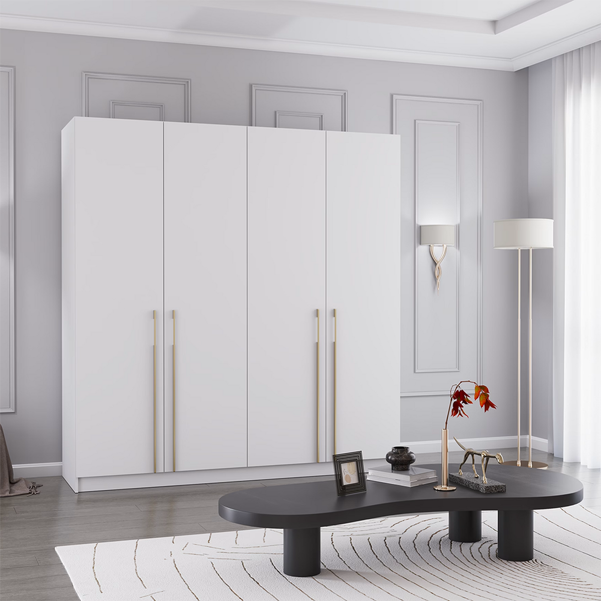 DREHTÜRENSCHRANK ROSA 4D 200/210/55 cm 4-türig Weiß - Goldfarben/Weiß, Holz/Holzwerkstoff (200/210/55cm) - imoebel24