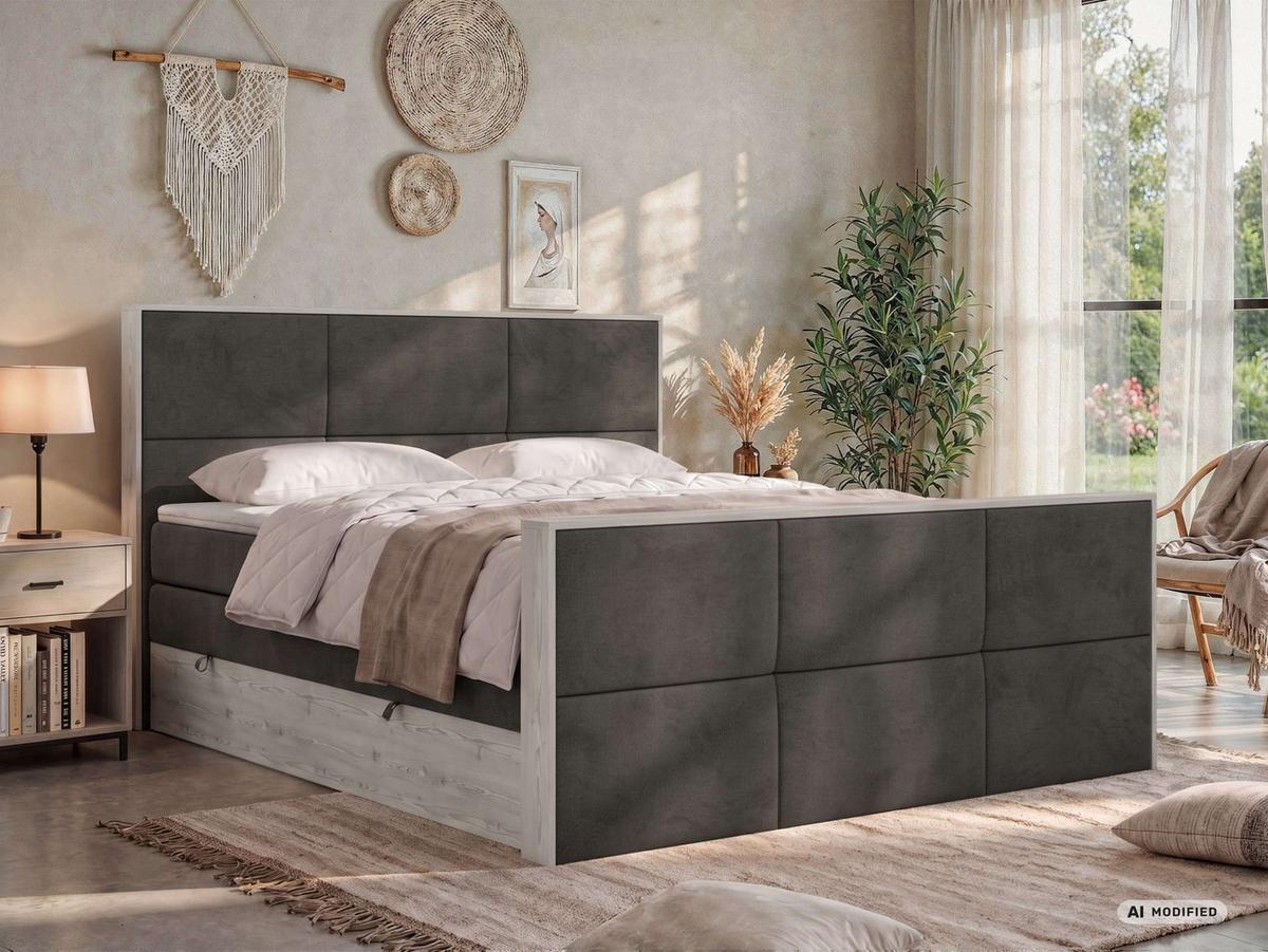 BOXSPRINGBETT DELNOR KING DUO 140/200 - Dunkelgrau Velvet - Topper Visco - H4 - Dunkelgrau/Anthrazit, Kunststoff/Textil (140/200cm) - MKS