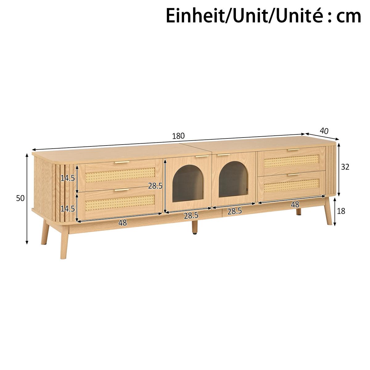 TV-LOWBOARD 180cm Naturholzoptik mit Glas-Türen, LED & 4 Schubladen - Naturfarben, Holzwerkstoff (180/50/40cm) - Urban Meuble