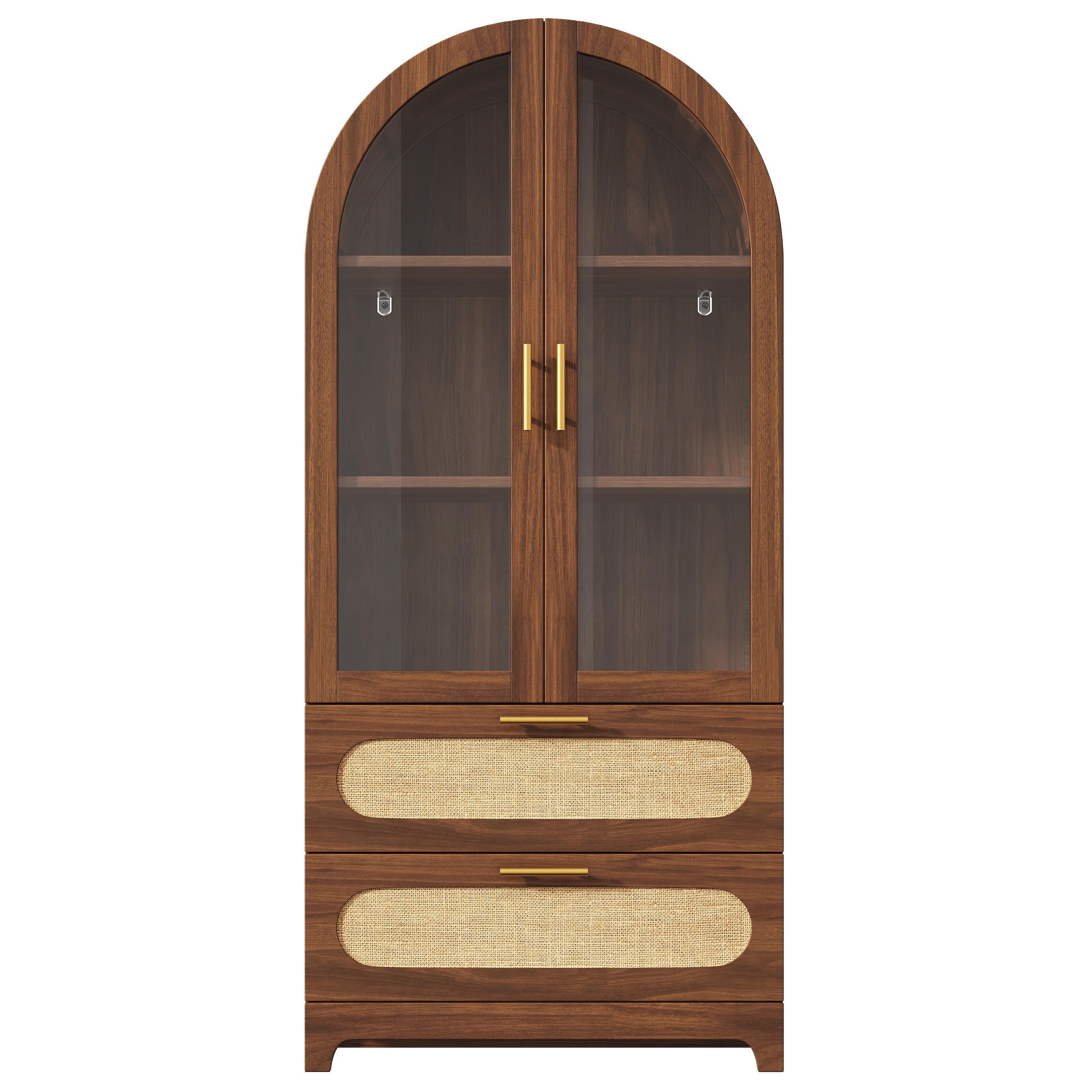 HIGHBOARD in Nussbaum-Optik mit Glas und PE-Rattan, Bogen-Design mit 2 Schubladen - Naturfarben, Holzwerkstoff (80/175/40cm) - Urban Meuble