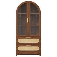 HIGHBOARD in Nussbaum-Optik mit Glas und PE-Rattan, Bogen-Design mit 2 Schubladen - Naturfarben, Holzwerkstoff (80/175/40cm) - Urban Meuble