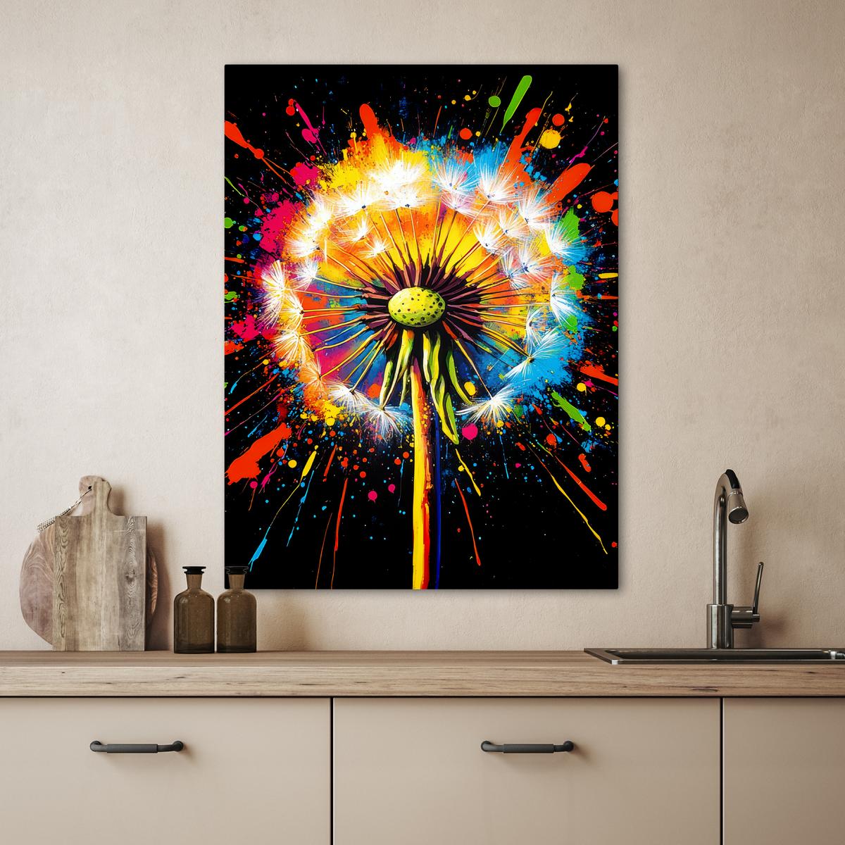 LEINWANDBILD Löwenzahn - Graffiti - Farbenfroh - Blumen - Natur Wandbild Wohnzimmer 60x80 cm - Multicolor, Textil (60/80cm) - MuchoWow