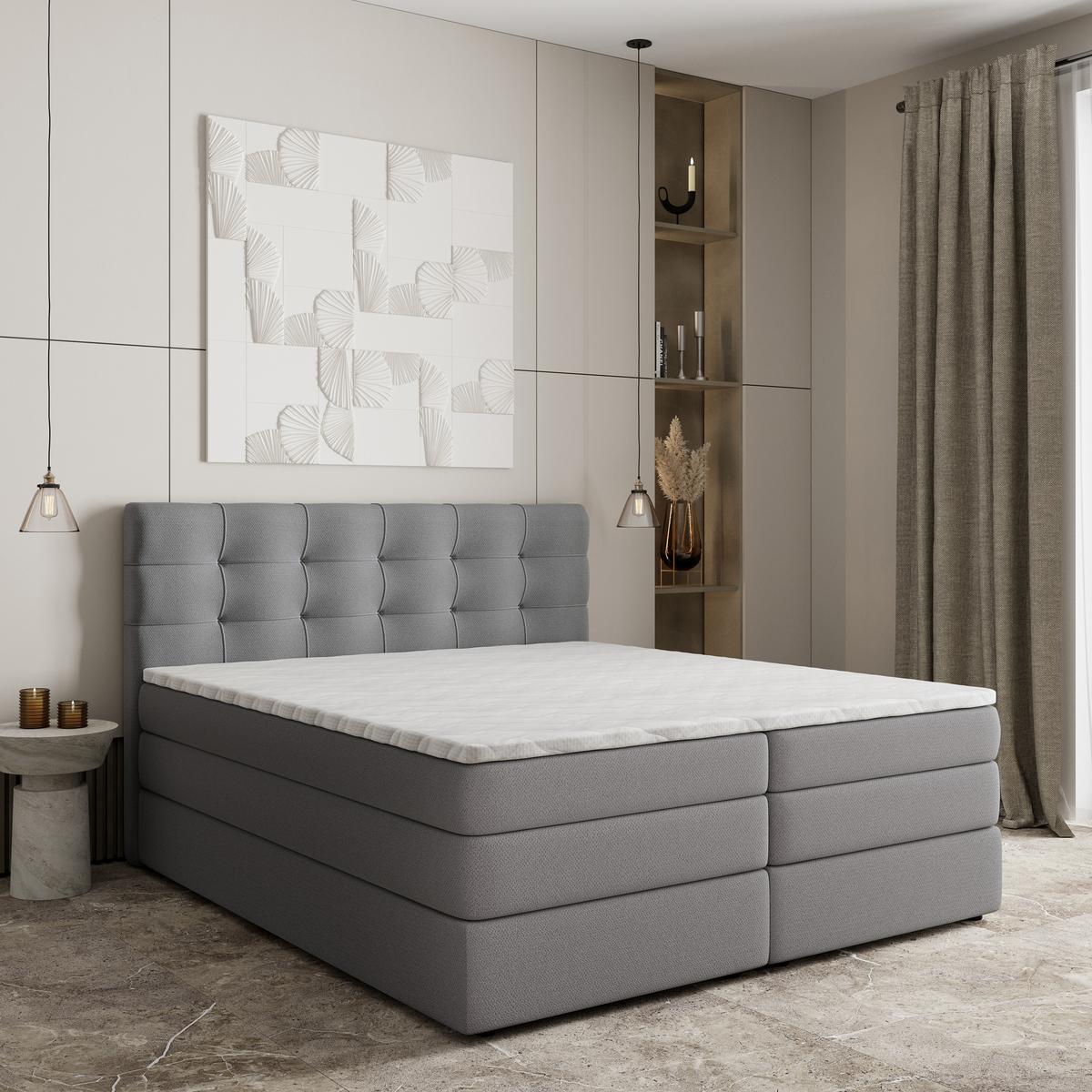 BOXSPRINGBETT AREZI 160x200 cm mit Matratze und Topper - Grau - Grau, Holz (160/200cm) - MASSENO