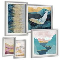 BILDER SET 5er Set - 50x50 cm & 20x30 cm & 40x60 cm Silberner Rahmen - Abstrakte Berge Sonne - Silberfarben, Kunststoff (40/60cm) - TULUP