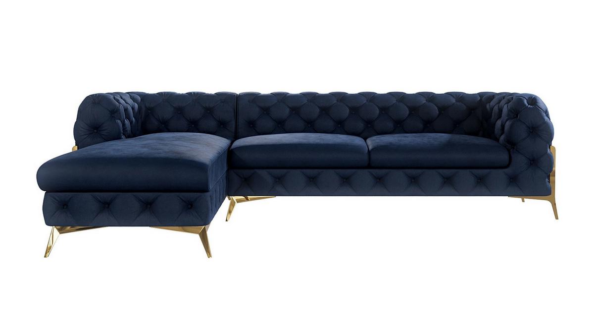 ECKSOFA Chesterfield Lexi Marineblau Samt, Ottomane links - Goldfarben/Dunkelblau, Holz/Textil (305/200cm) - S-Style