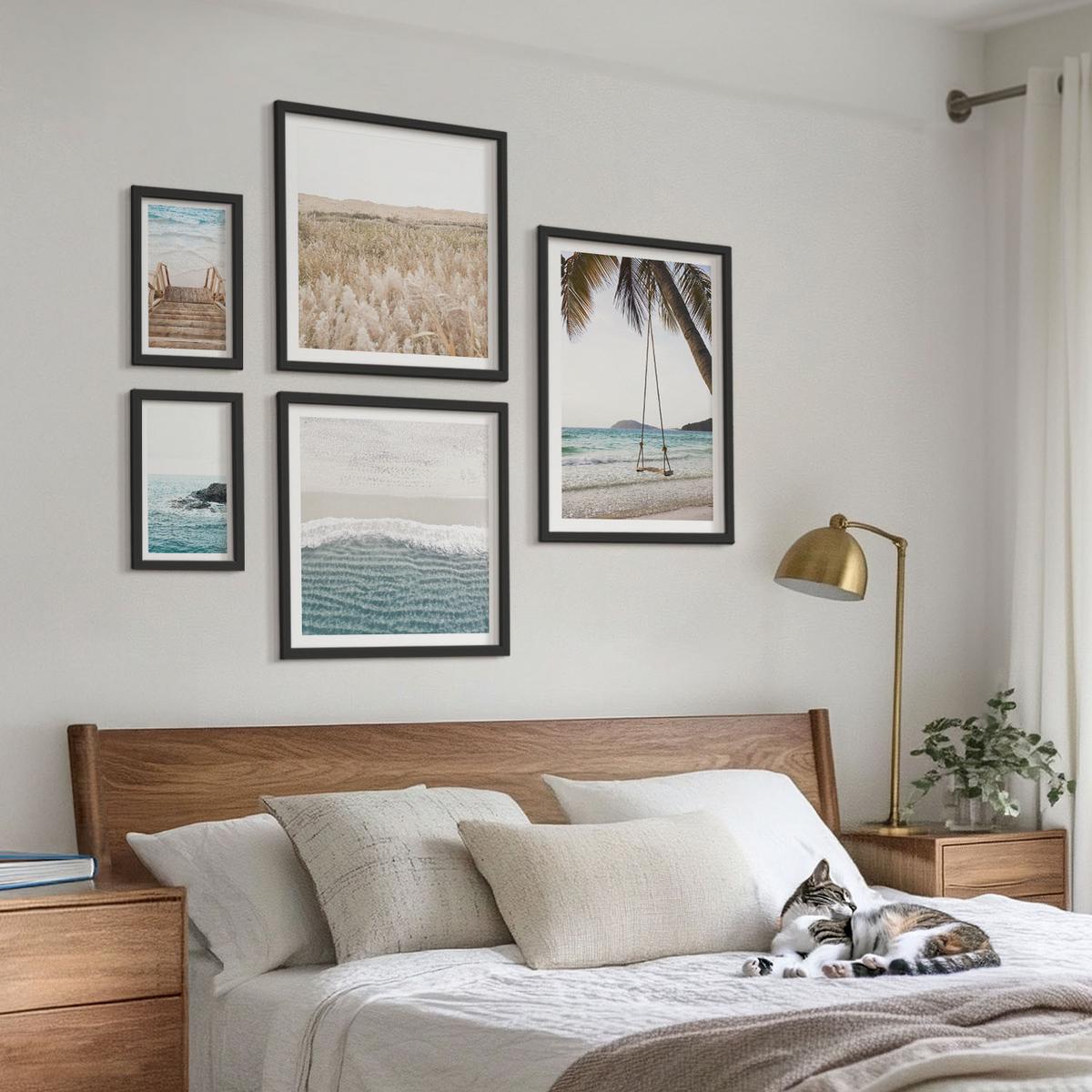 BILDER SET 5er Set - 50x50 cm & 20x30 cm & 40x60 cm Schwarzer Rahmen - Treppe, Strand, Meerblick, Schaukel - Schwarz, Kunststoff (40/60cm) - TULUP