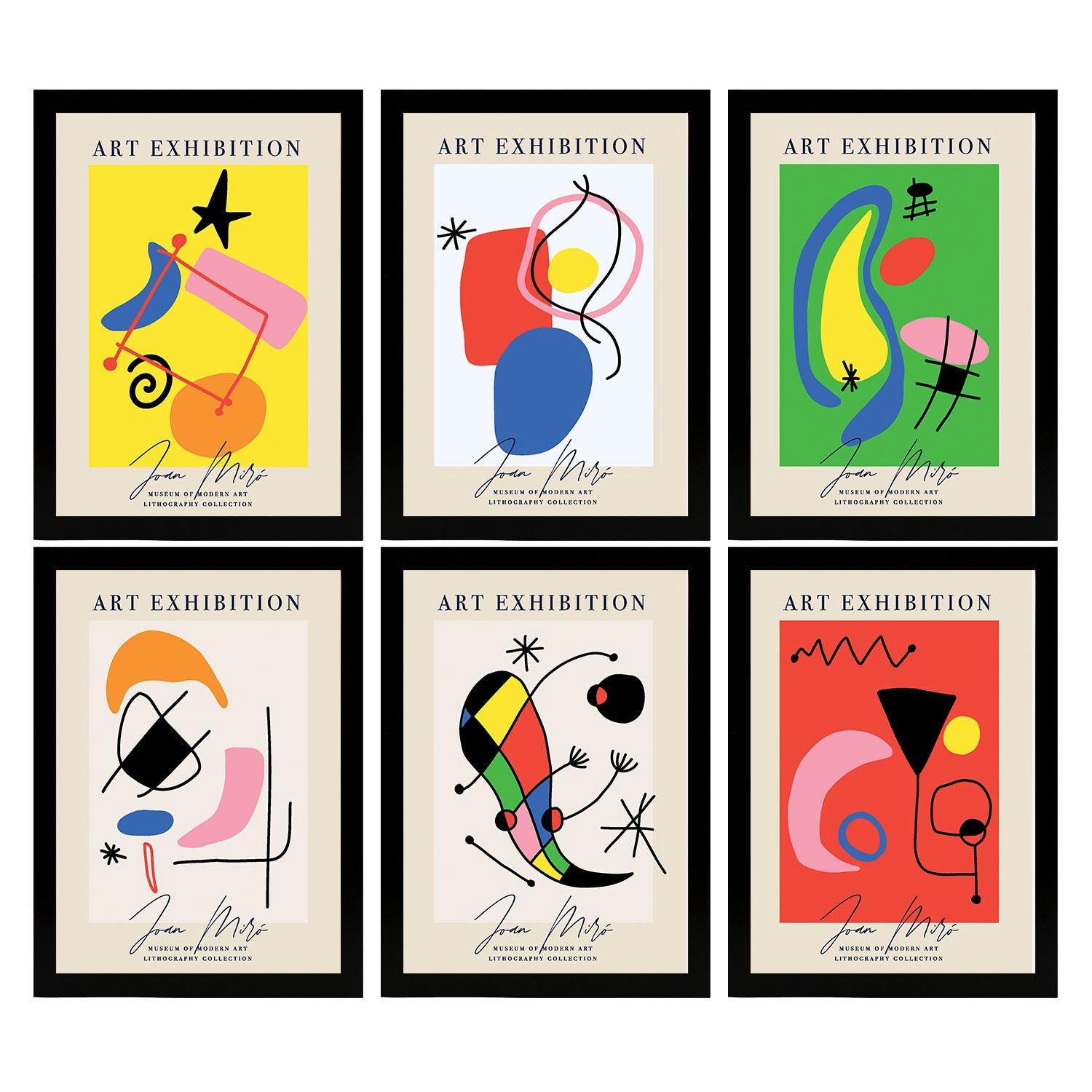 POSTER Set Mit 6 Illustrationen Von Joan Miró A3 Schwarzer Rahmen - Schwarz, Papier (29/3cm) - Nacnic