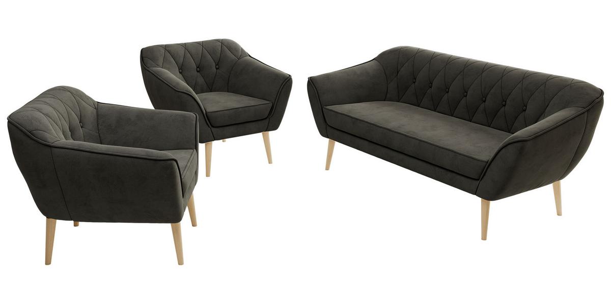 SITZGARNITUR PIRS 3+1+1 - Dunkelgrau Velvet - Holzbeine - Dunkelgrau/Buchefarben, Holzwerkstoff/Textil (180/75/74cm) - MKS