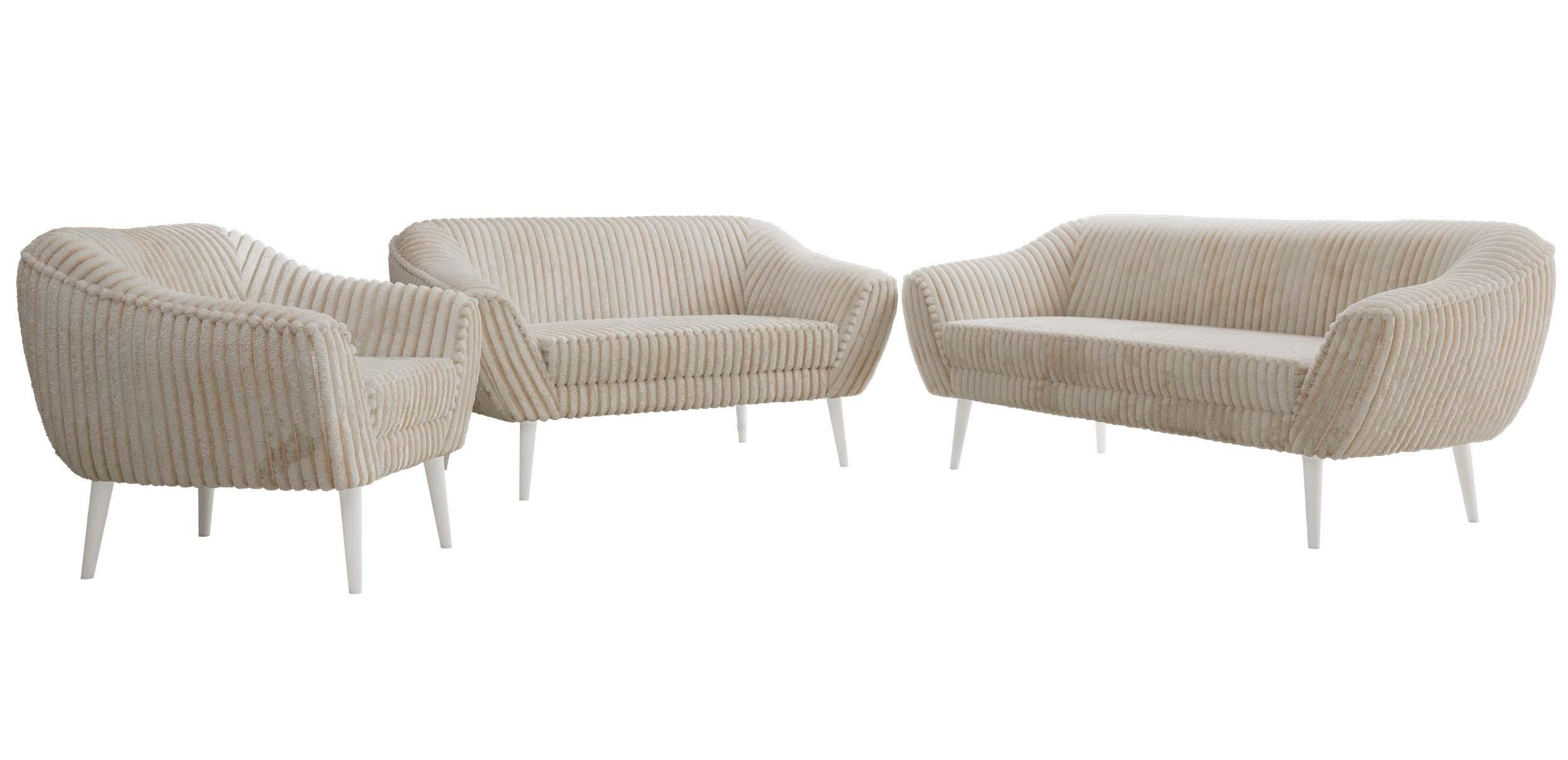 SITZGARNITUR PIRS 3+2+1 - Beige Cord - Weiße Beine - Beige/Creme, Holzwerkstoff/Textil (180/75/74cm) - MKS