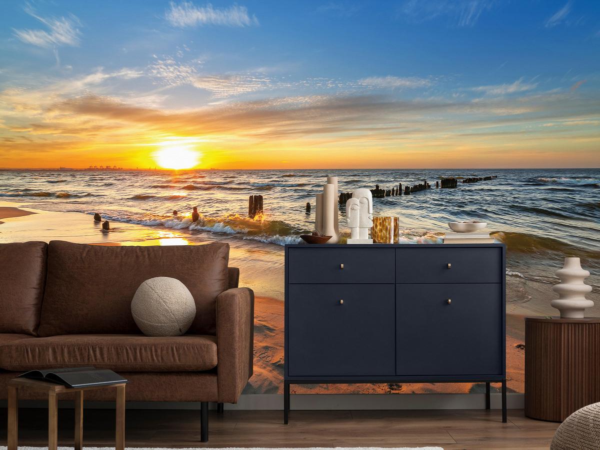 FOTOTAPETE Sonnenuntergang Strand Meer Landschaft 3D 300x210 cm - Beige/Orange, Papier (300/210cm) - Muralo