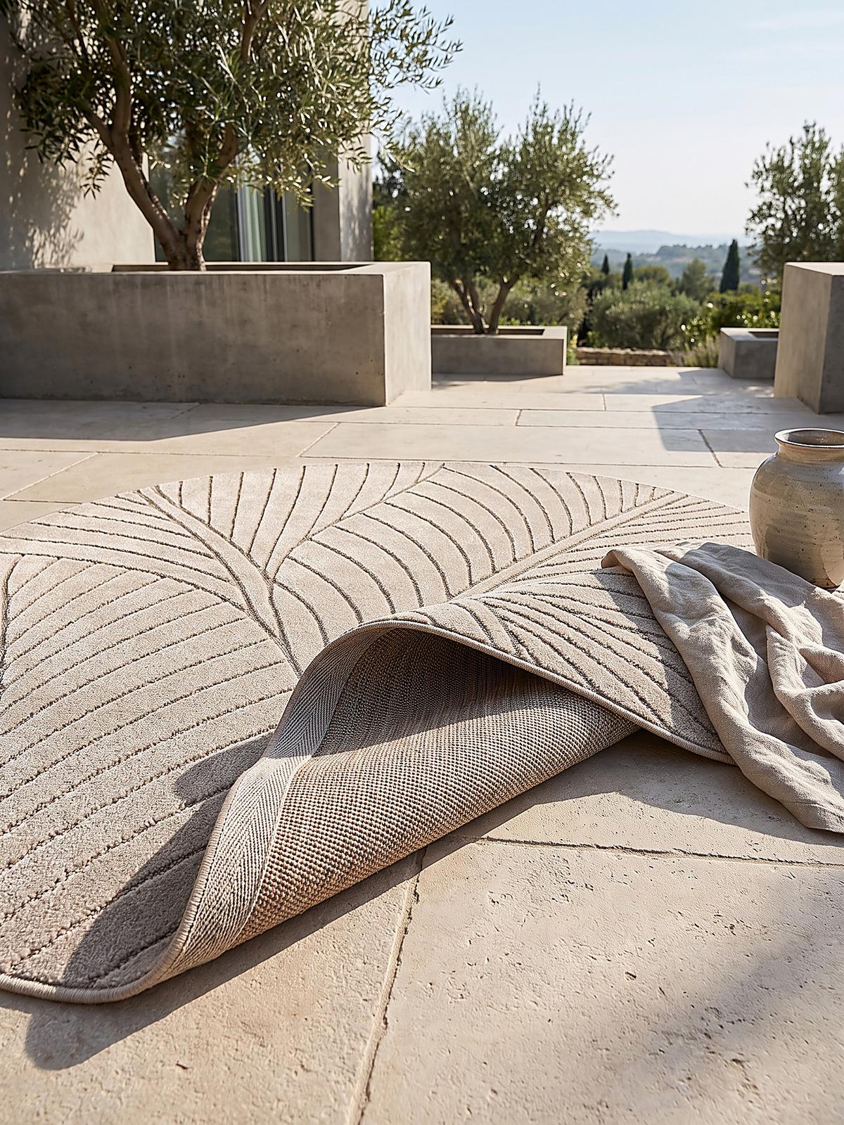 TEPPICH Outdoor, Fußbodenheizung-geeignet, mit Blattmotiv, ENGADIN in Beige, Ø 160 cm - Beige, Textil (160/160cm) - KADIMA DESIGN