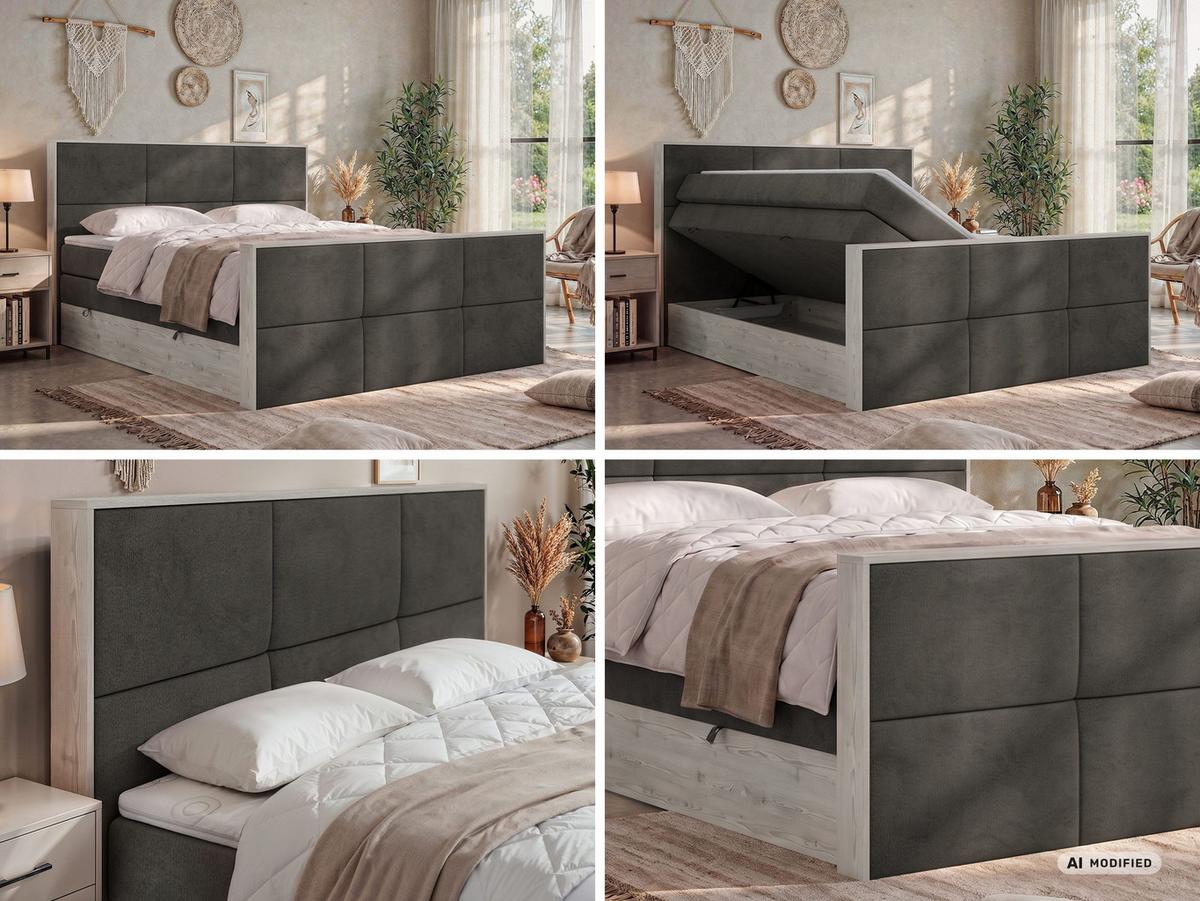 BOXSPRINGBETT DELNOR KING DUO 140/200 - Dunkelgrau Velvet - Topper Visco - H4 - Dunkelgrau/Anthrazit, Kunststoff/Textil (140/200cm) - MKS