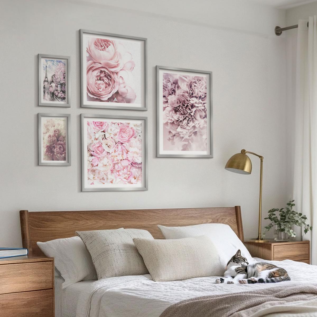 BILDER SET 5er Set - 50x50 cm & 20x30 cm & 40x60 cm Silberner Rahmen - Rosa Blumen, romantische Landschaft - Silberfarben, Kunststoff (40/60cm) - TULUP