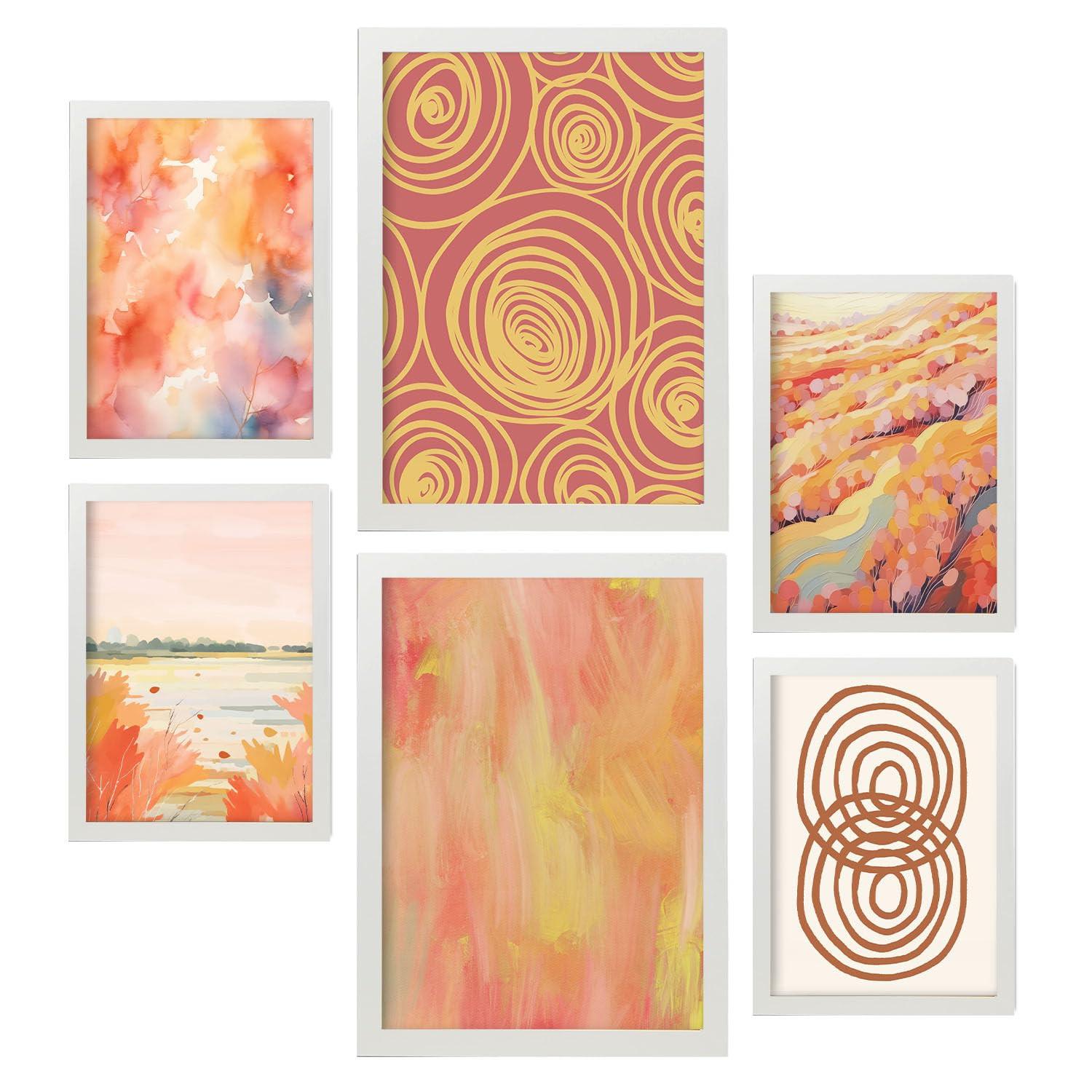 POSTER Set Mit 6 Orangefarbene Spries In Zusammenfassungen A3 & A4 Weißer Rahmen - Weiß, Papier (29/3cm) - Nacnic