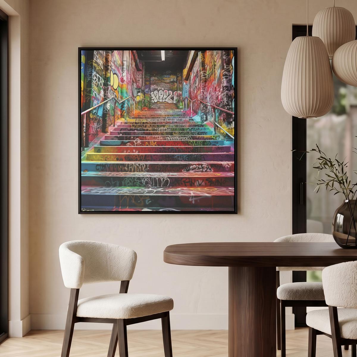 LEINWAND Bilder mit Rahmen - Treppe - Graffiti - Farben - Kunst - 90x90 - Multicolor, Textil (90/90cm) - MuchoWow