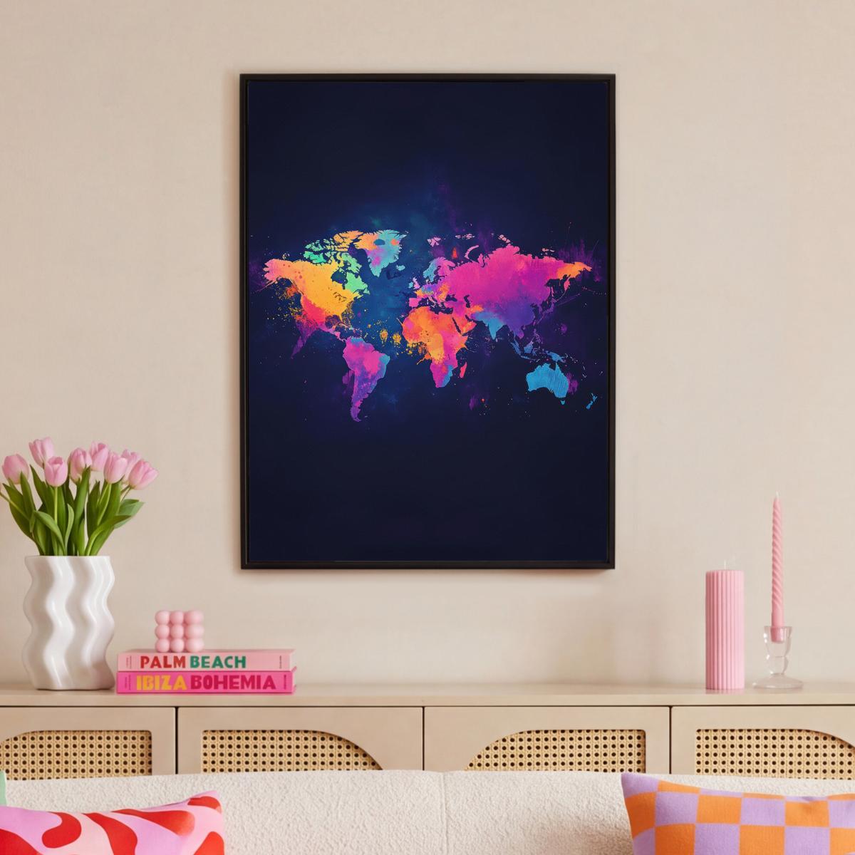 LEINWAND Bilder mit Rahmen - Weltkarte - Bunt - Graffiti - 70x100 - Multicolor, Textil (70/100cm) - MuchoWow