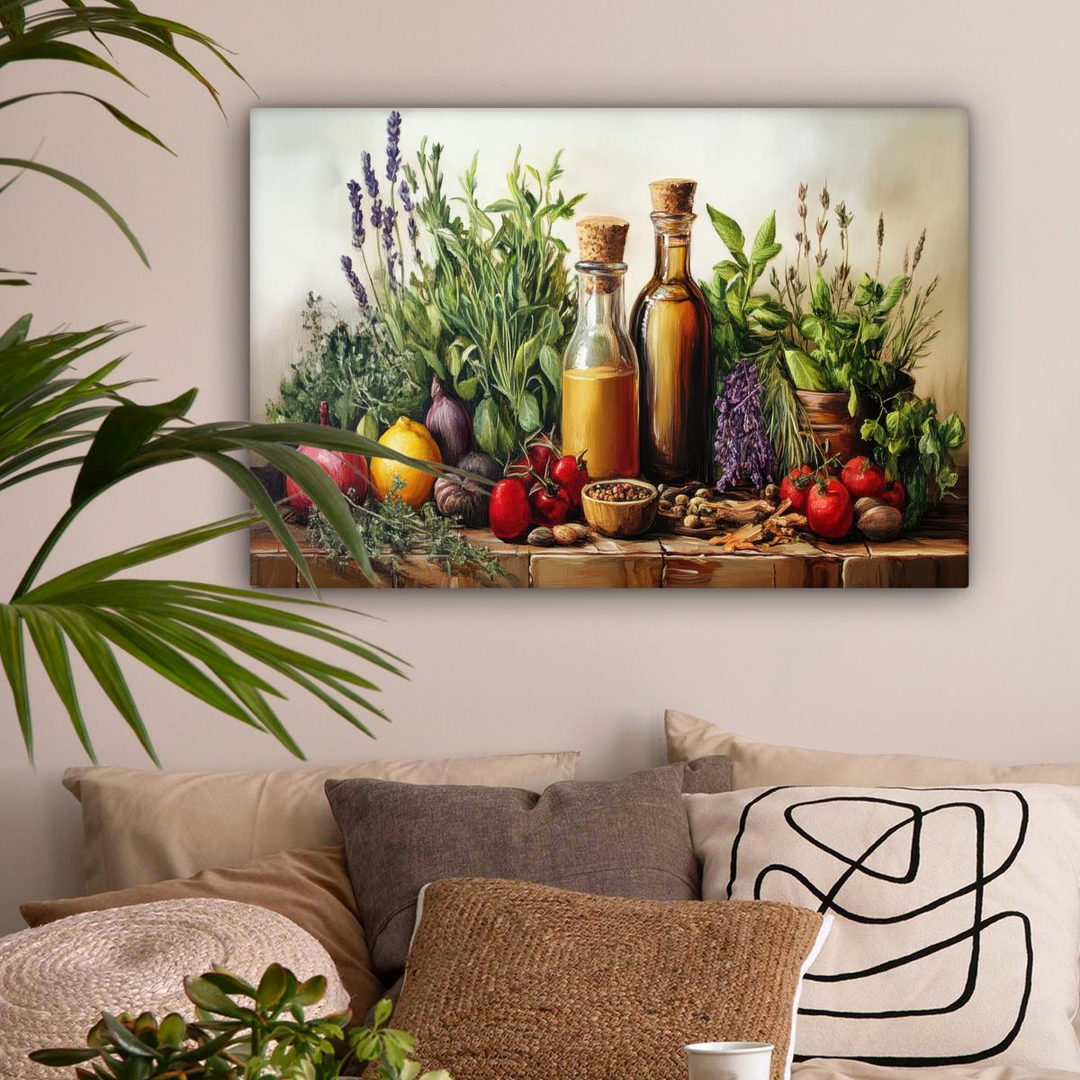 LEINWANDBILD Stilleben - Kräuter - Gewürze - Früchte - Farbenfroh Wanddeko 90x60 cm - Grün, Textil (90/60cm) - MuchoWow
