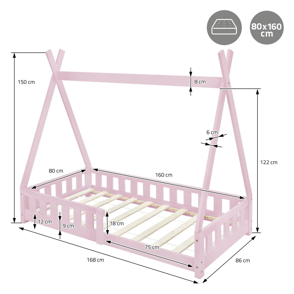 KINDERBETT Tipi 80x160 cm Rosa - Pink, Holz (80/160cm) - ML-DESIGN
