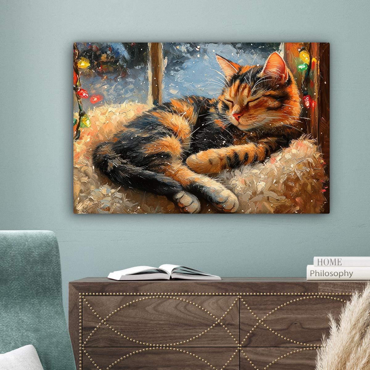 LEINWANDBILD Katze - Weihnachten - Winter - Tier Gemälde 60x40 cm - Bernsteinfarben, Textil (60/40cm) - MuchoWow