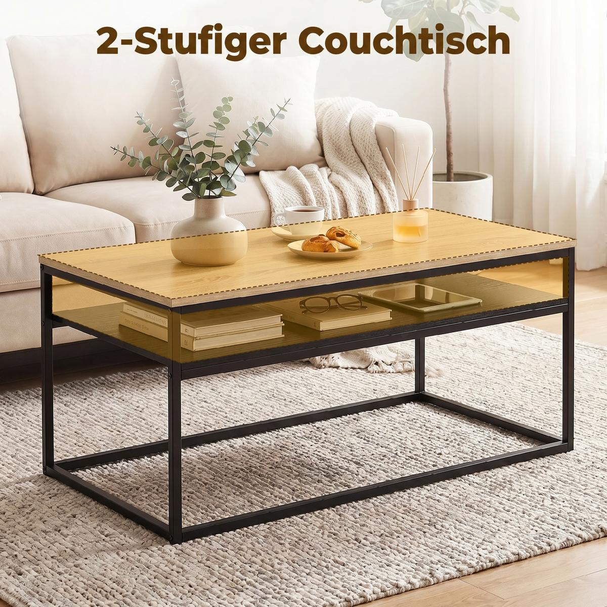 COUCHTISCH Spanplatte Metall Naturholz - Eichefarben/Schwarz, Holzwerkstoff/Metall (100/59.8/47cm) - HOMCOM