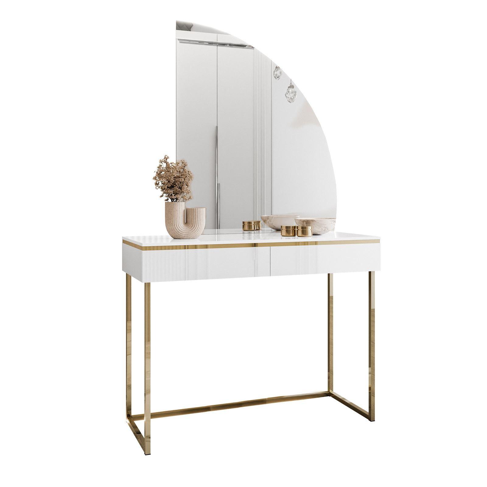 SCHMINKTISCH AURORA-Q GOLD in weiß Hochglanz auf goldenem Gestell mit rechts Spiegel - Weiß Hochglanz/Goldfarben, Holzwerkstoff/Metall (102/174/44cm) - Lookway