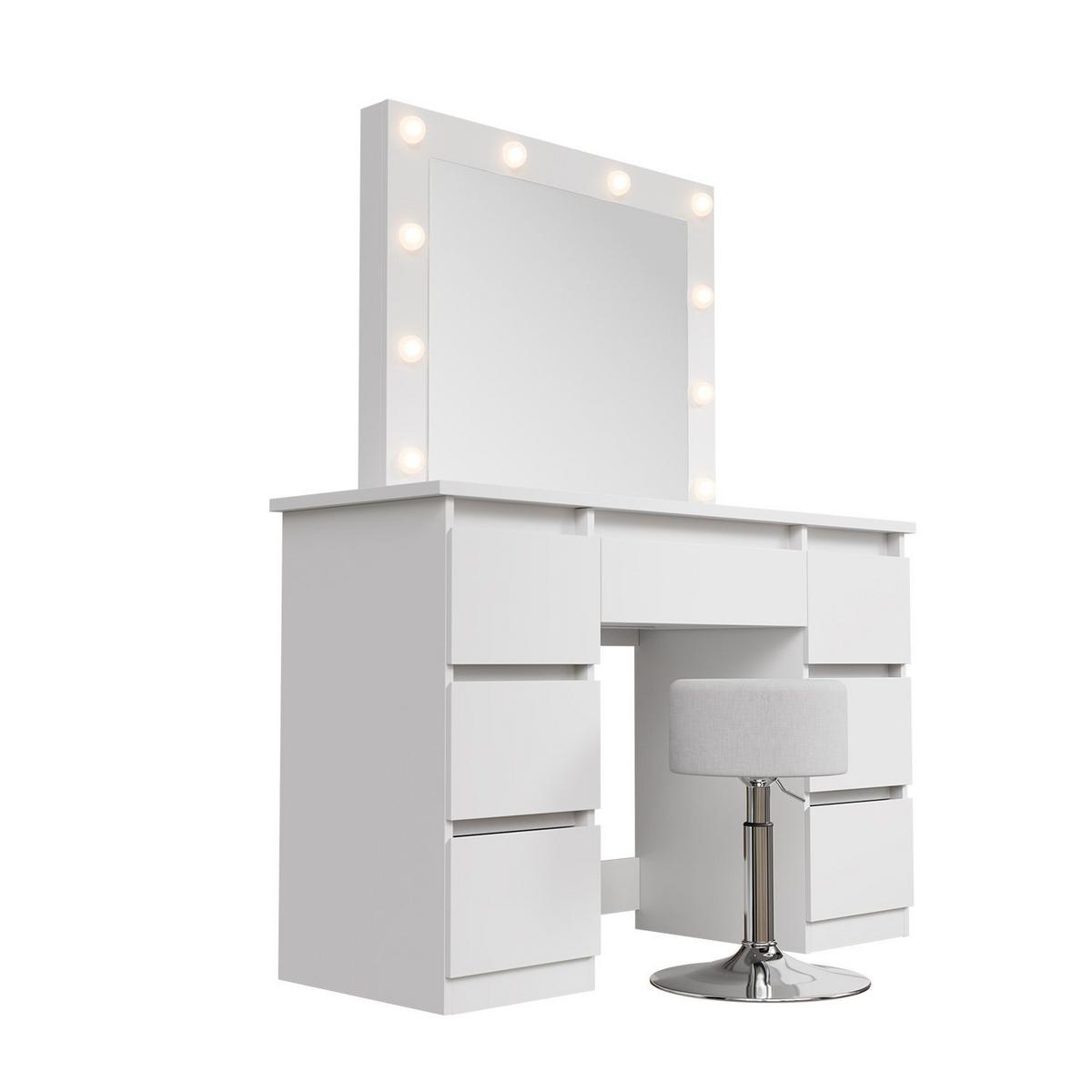 SCHMINKTISCH Talea mit LED (3 Lichtstufen) inkl Hocker Tonia - Weiß, Holz (110/141/40cm) - Juskys