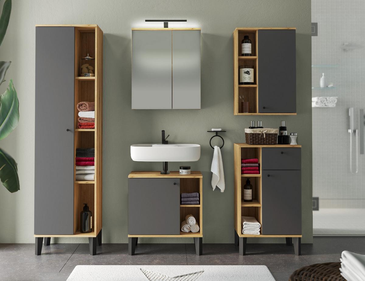 BAD-HOCHSCHRANK grau, Evoke Eiche, Badschrank, 51 x 190 cm - Eichefarben/Schwarz, Holz/Holzwerkstoff (51/190/33cm) - Furn.Design