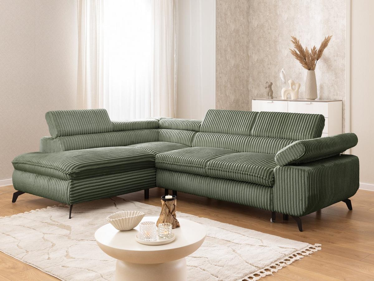 ECKSOFA mit Schlaffunktion und Bettkasten Bonnie aus Olive Cord-Stoff mit verstellbaren Kopfstützen und Armlehne - Ottomane links - Schwarz/Hellgrün, Holz/Textil (275/210cm) - S-Style Möbel