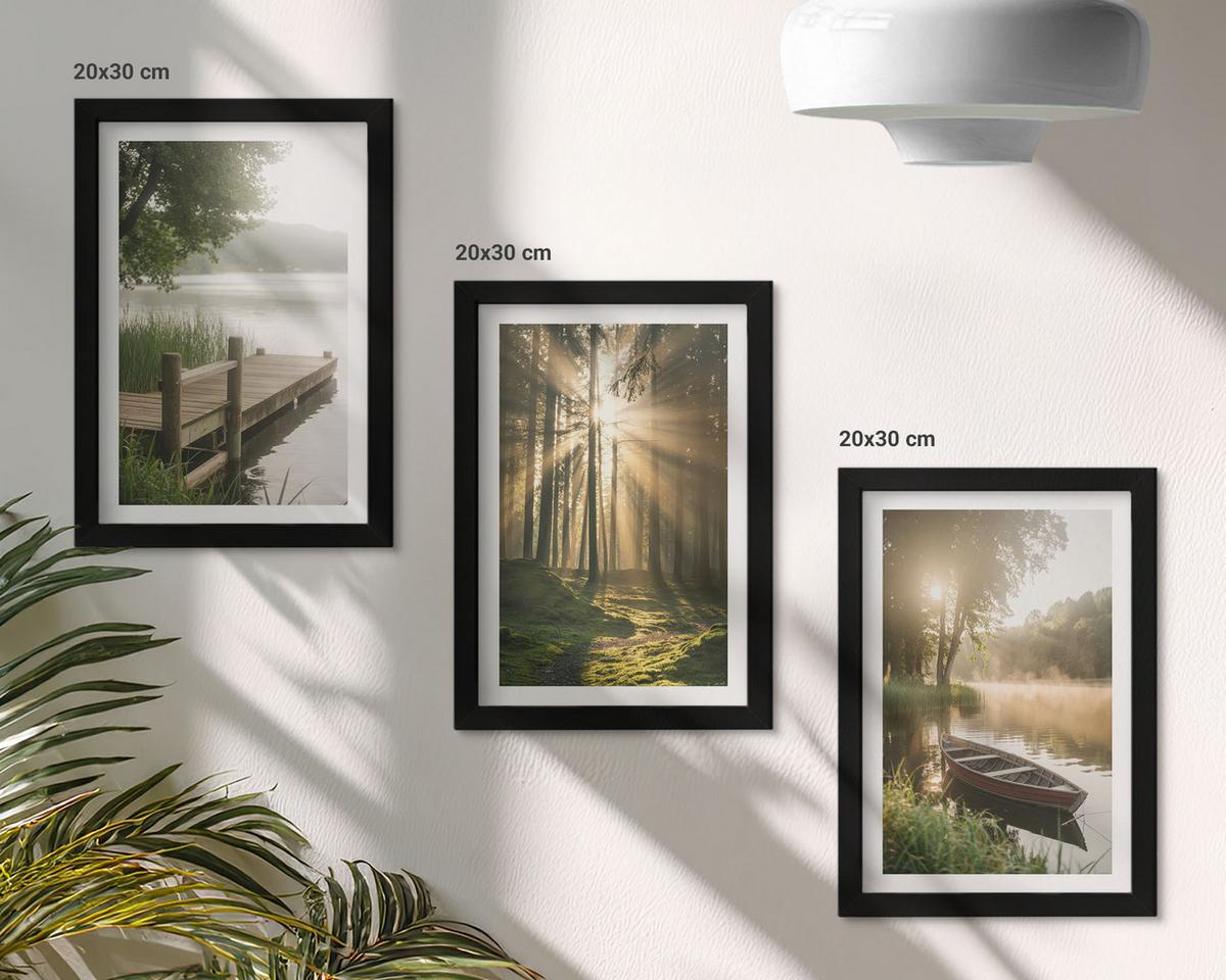 BILDER SET 3er Set - 20x30 cm Schwarzer Rahmen - See, Wald, Boot, Morgennebel - Schwarz, Kunststoff (20/30cm) - TULUP